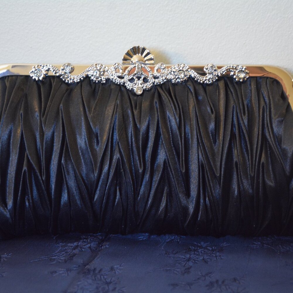 Elegant Black Satin Clutch with Rhinestone Accent